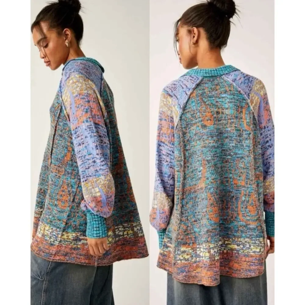 Free People Bohemian Seasons Of Sun Oversized Tunic Sweater Dress XL 70s Fall
